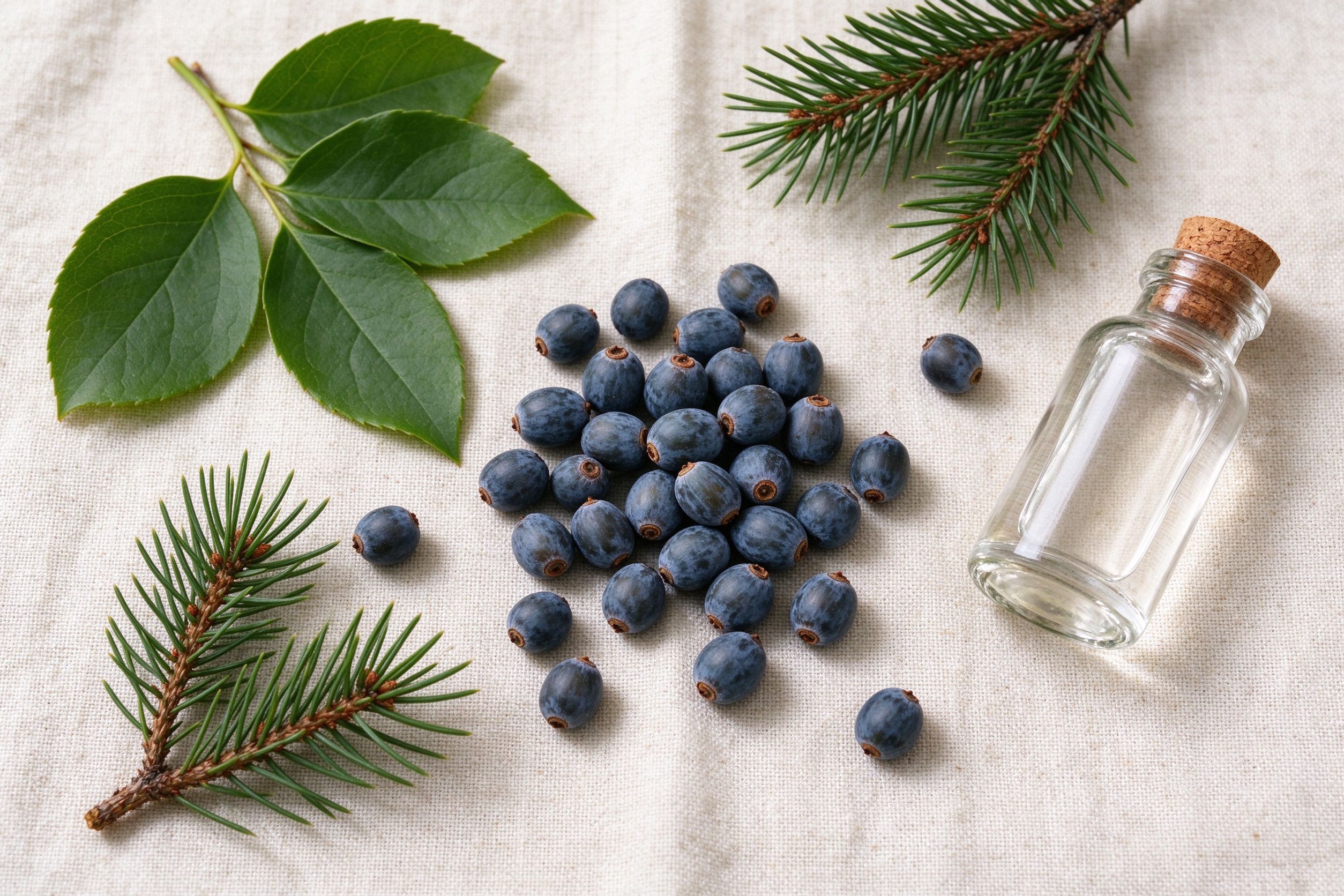 Botanical ingredients arranged on linen