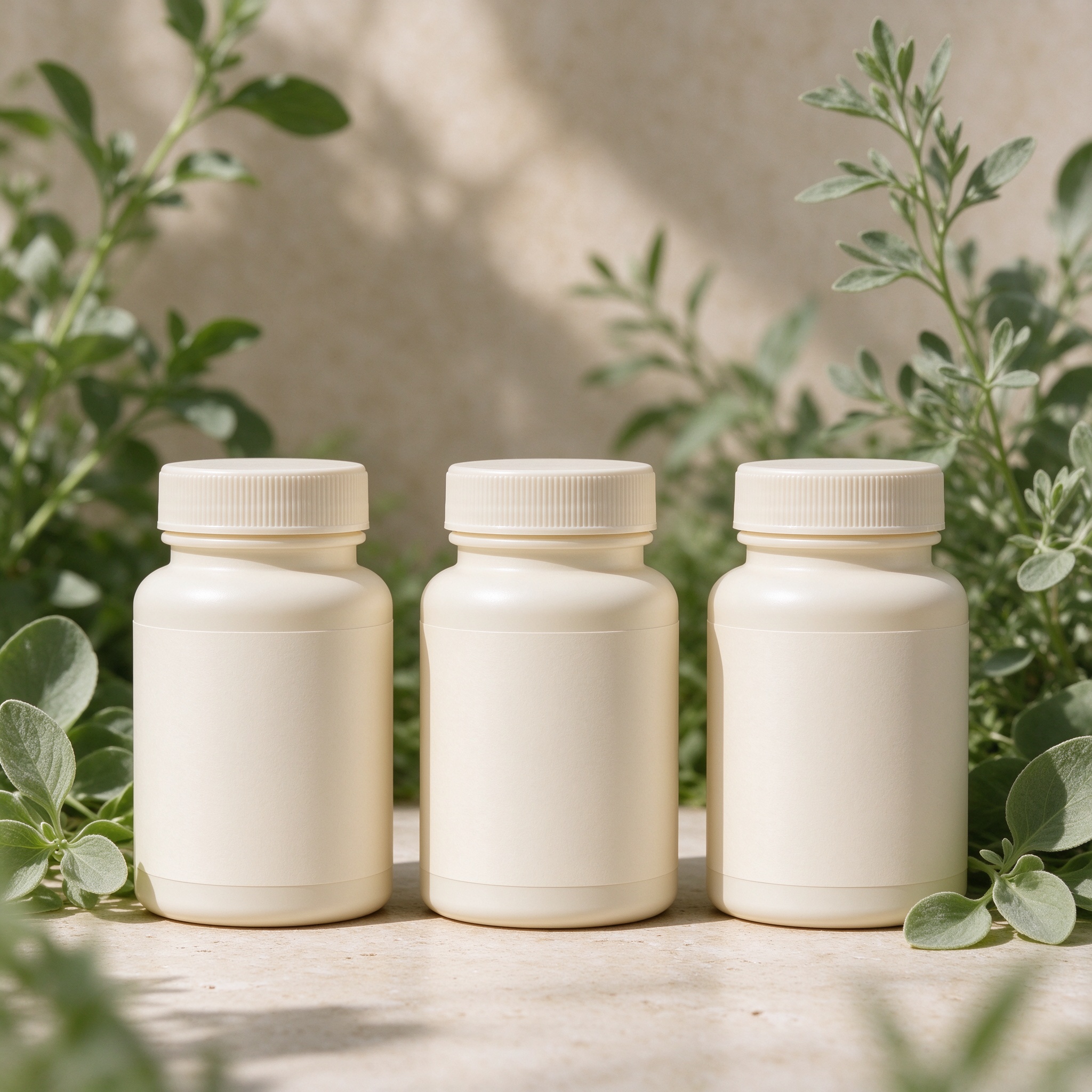 Blank supplement bottles with botanical leaves, packaging preview
