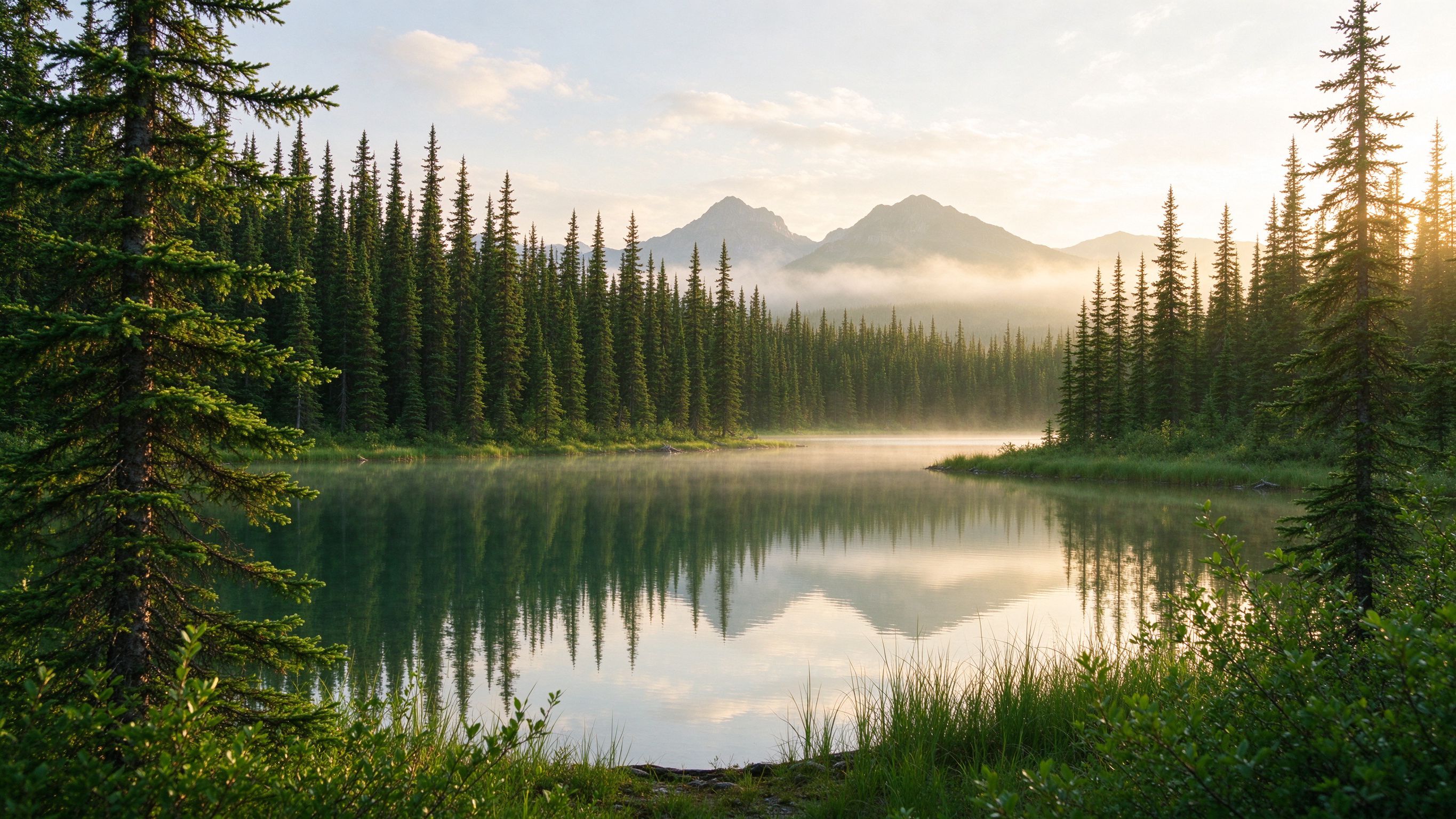 Calm lake reflecting evergreen forest and mountains in Canada
