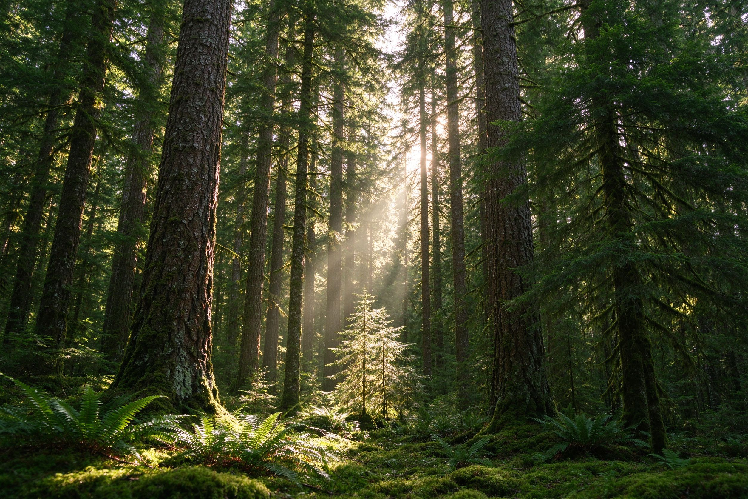 Sunlight through an old-growth evergreen forest in British Columbia